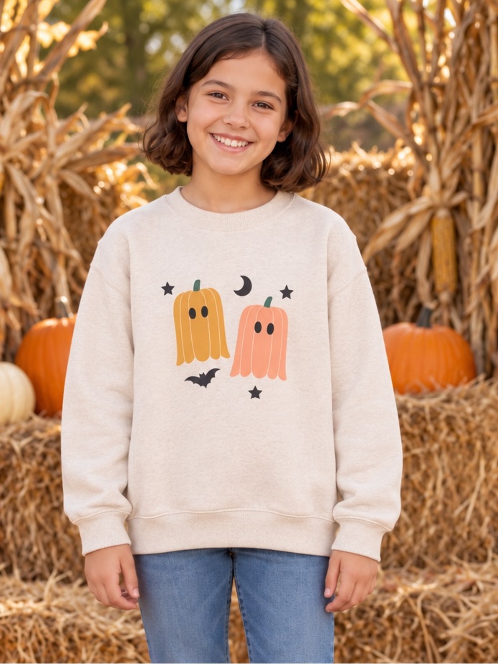 Cute Pumpkin Ghost Halloween Fall Cozy Sweatshirt - YOUTH SIZE S UNISEX